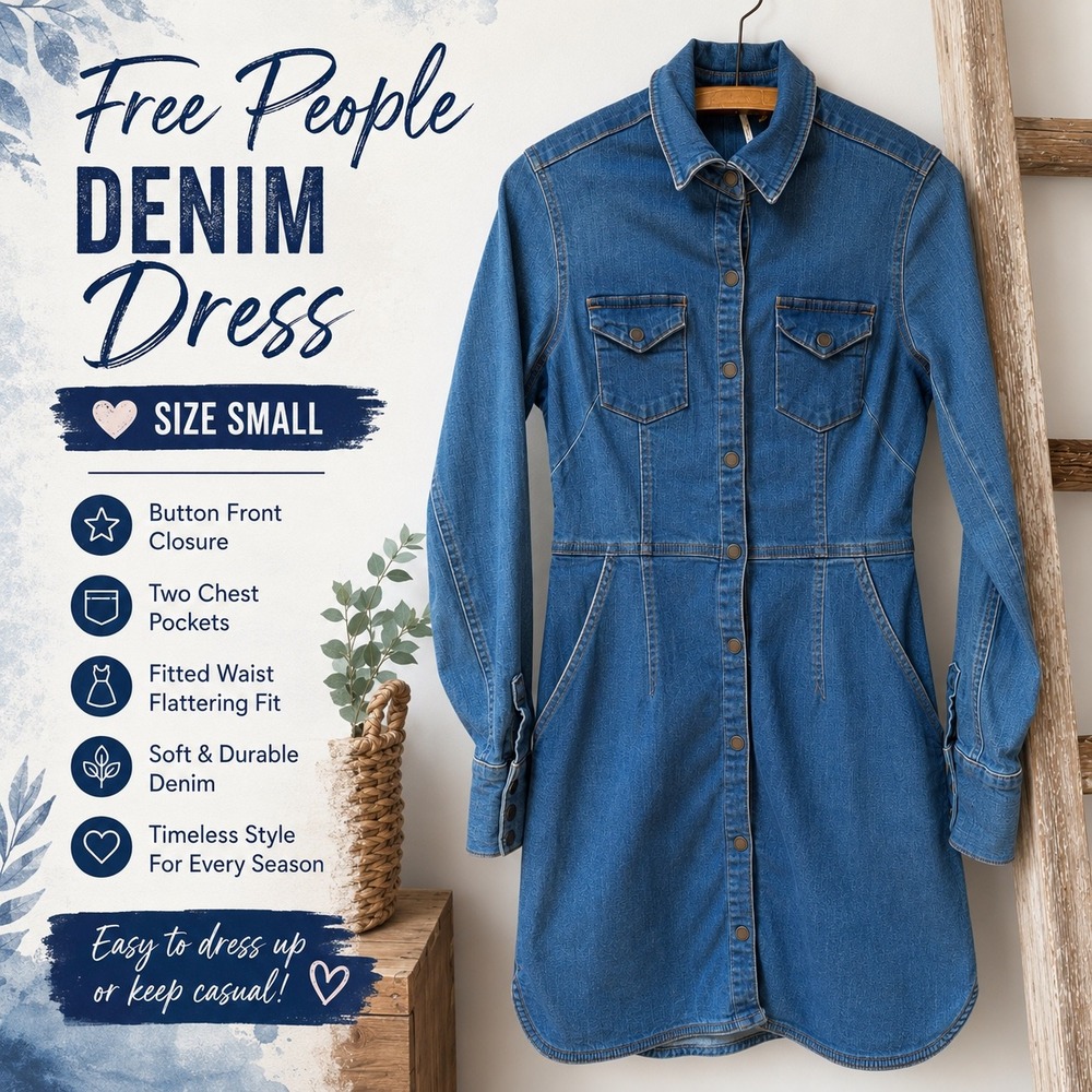 Free People Denim Mini Dress Blue Button Front Long Sleeve Fitted Waist Small